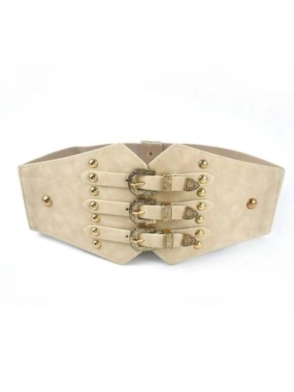 Cream & Gold Vintage Style 3-Buckle Cumberbund Belt - Elastic Back - Snap